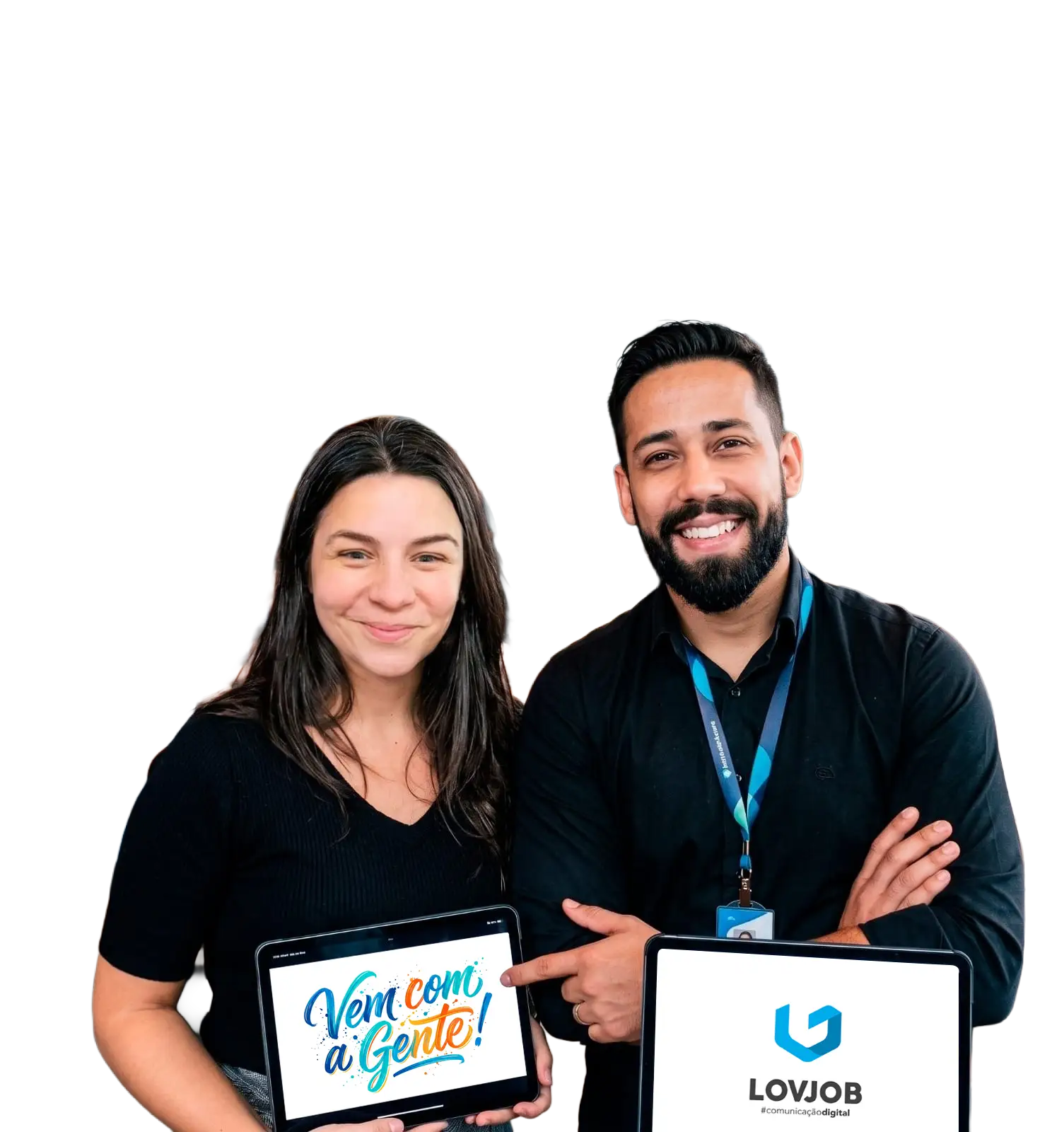 Tiago Fister e Kátia Santos, sócios da LOVJOB, convidando você a trabalhar com a agência