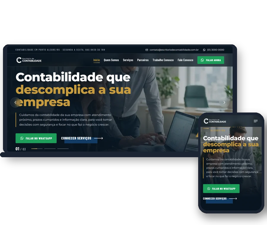 Site do escritório contábil exibido em notebook e celular