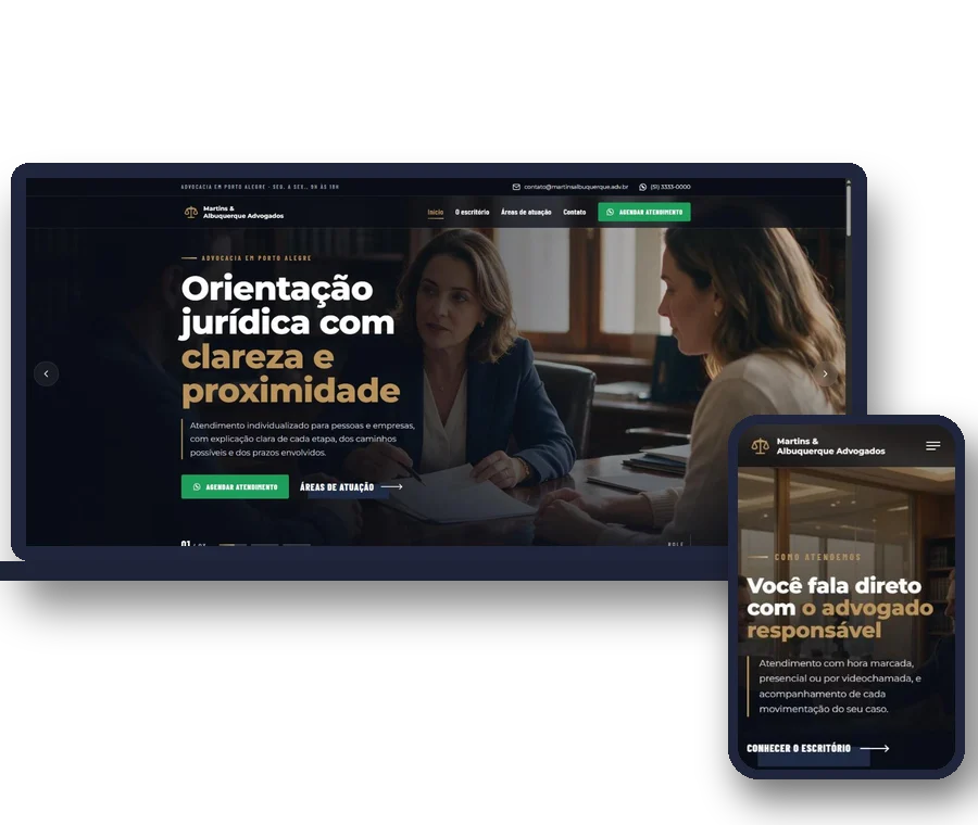 Modelo de site exibido em notebook e celular