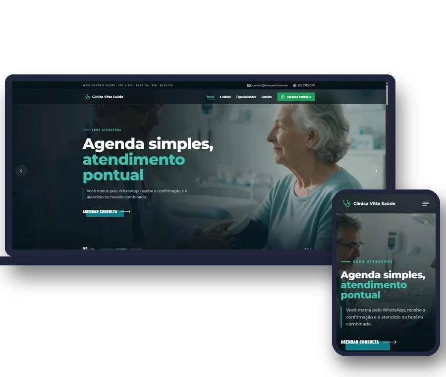 Modelo de site exibido em notebook e celular